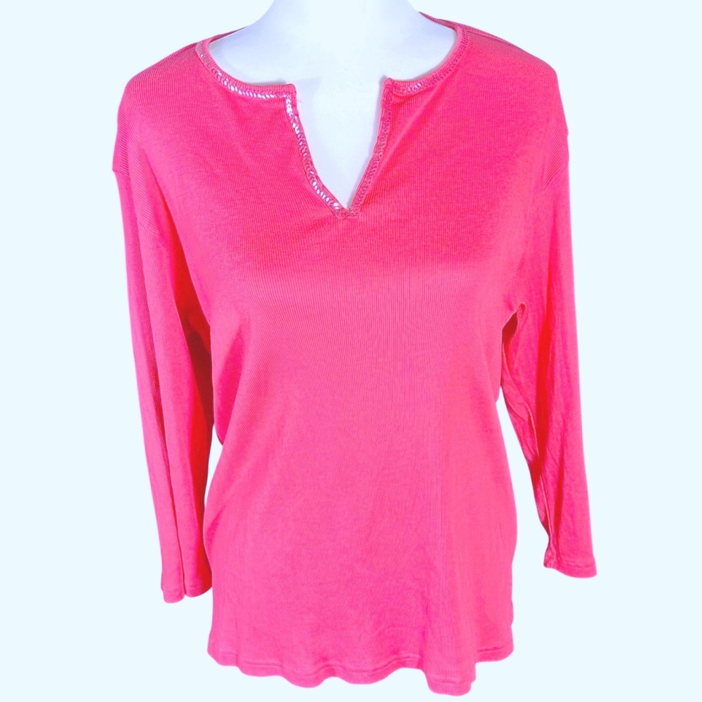 Talbots Ribbed Knit Top Women 2X Pink Sequin Trim Split Neck 3/4 Sleeve